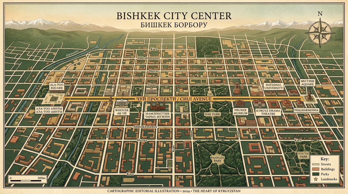Map showing SUIUNBAI ODUSHOV office location on Chui Avenue, Bishkek